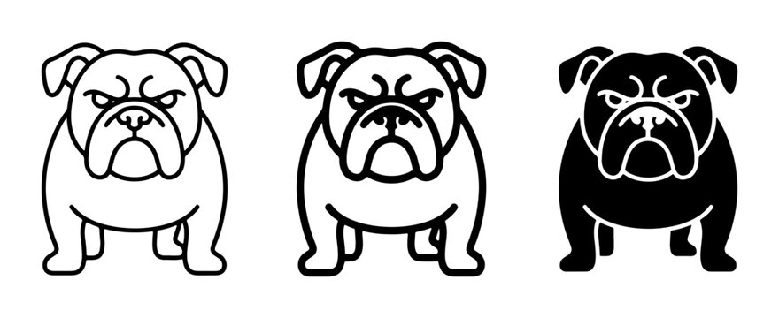 Bulldog Icons Set, Vector Graphics of Grumpy Dog Faces, Outline and Silhouette Styles