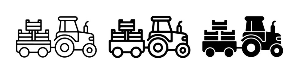 Farm Tractor with Trailer Icons, Agricultural Vehicle Symbols, Rural Transportation Graphics, Simple Line Art and Silhouette © Aminur