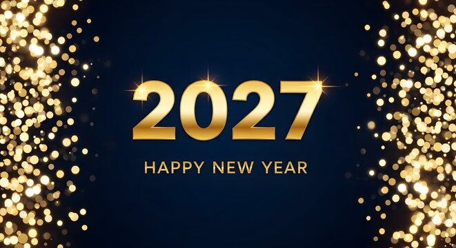 Golden 2027 Happy New Year Celebration with Sparkling Fireworks Background