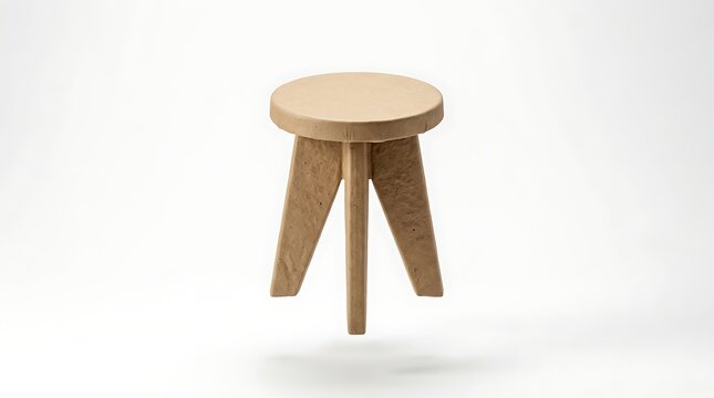 Isolated three legged wooden stool with textured grainy surface showing modern furniture design for interior decoration
