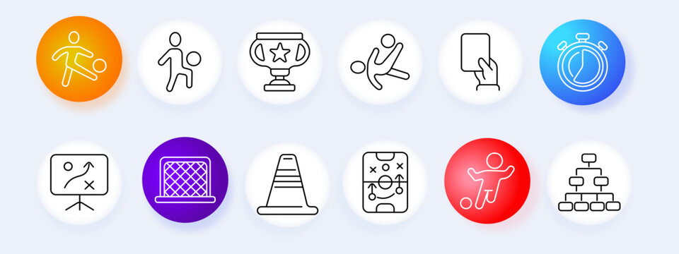 Football sport set icon. Player ball trophy kick card referee board goal cone tactics match lineup line icons minimal outline style game training equipment collection