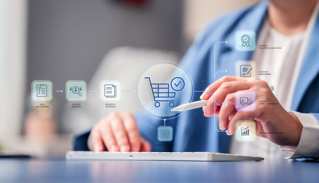 Businesswoman Pocurement  purchasing  process contract with caterer approval document, management digital verification