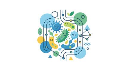 Fototapeta premium Gut health probiotics and microflora concept with cute bacteria and biotechnology lines illustration