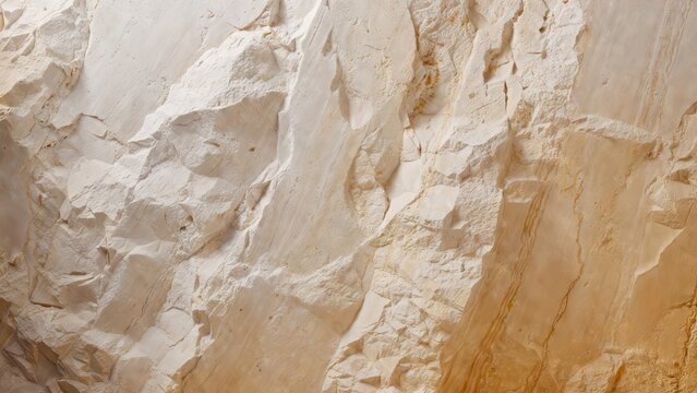 Close-up texture of natural beige stone wall with rough sedimentary layers and earthy tones