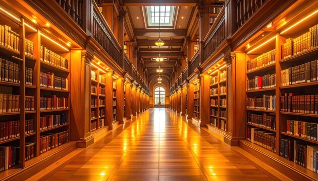 Grand richly detailed library hall with long rows of wooden bookshelves bright warm lighting and a deep architectural perspective.