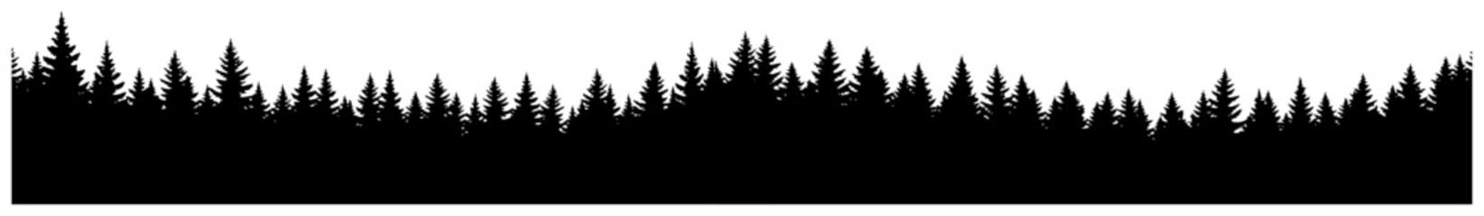 Obraz premium Pine forest tree silhouettes in a wide horizontal panoramic landscape orientation