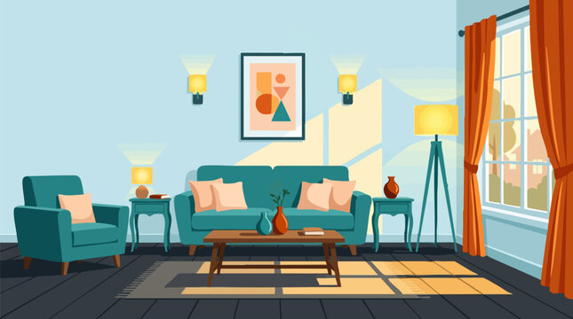 Modern living room interior with cozy furniture, artwork, and natural light