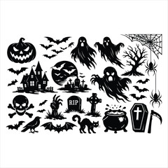 Fototapeta premium Halloween vector set with pumpkin, ghost, bat, black cat, witch hat, spider, and spooky holiday elements for autumn celebration design