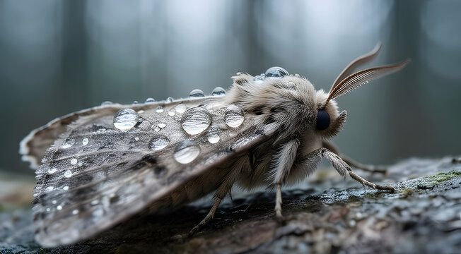 Macro close up of a beautiful fuzzy moth resting on a rough surface covered in clear morning dew drops, nature and wildlife insect concept, generative AI