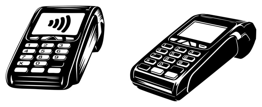 Credit card payment terminal with contactless symbol in vintage technical drawing style