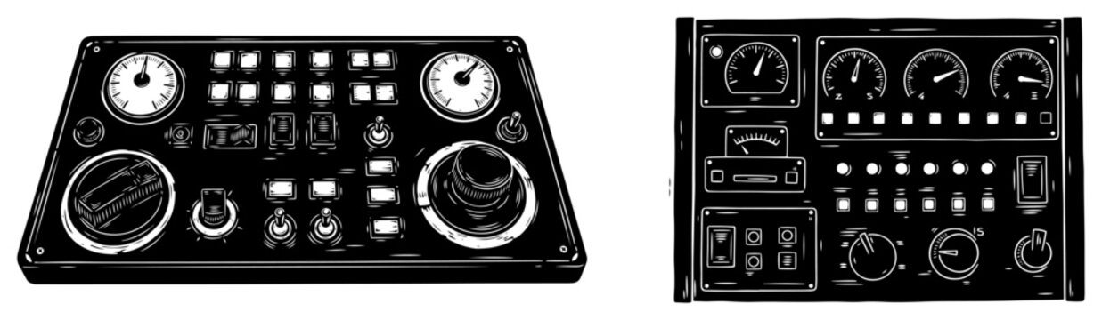 Control panels with dials and switches in retro technical style