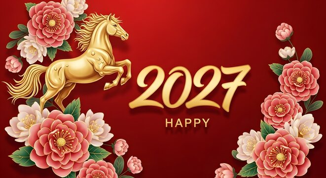 Golden Horse Statue with Roses Celebrating Happy New Year 2027 in Vibrant Red Background