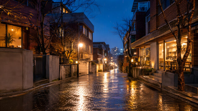 Seoul Residential Street in Rain &ndash; Cozy Cafe Window Glow Blue Twilight