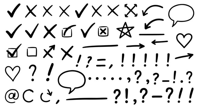 Hand drawn doodle elements set check marks, crosses, arrows, speech bubbles, hearts, punctuation marks and symbols isolated on white background