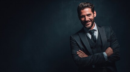 Obraz premium Confident Businessman Portrait: A distinguished man in a sharp suit exudes confidence and success, his arms crossed and a warm smile on his face, against a dark, dramatic backdrop.