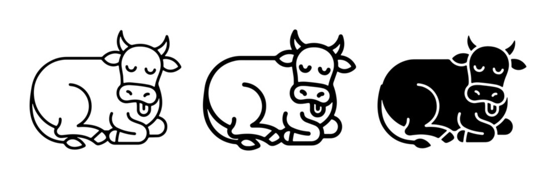 Three stylized cow icons, resting, vector illustrations, simple line art and silhouette, farm animal graphics