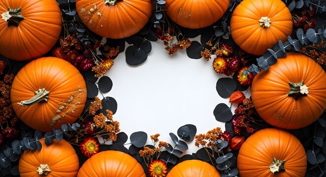 Overhead view of carved Halloween pumpkins arranged in circular pattern with candles glowing in dark spooky setting