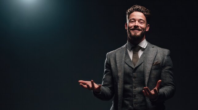 Confident Businessman: A well-dressed businessman with a confident smile and open hands gestures towards the viewer, exuding charisma and professionalism.