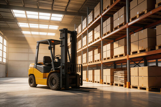 Yellow forklift parked inside warehouse with stacked cardboard boxes on metal shelves