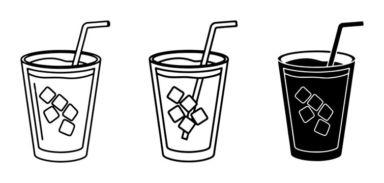 Refreshing Iced Drinks Collection, Three Styles of Cold Beverages with Ice Cubes and Straws, Simple Outline and Silhouette Vector Graphics for Refreshment and Summer Themes