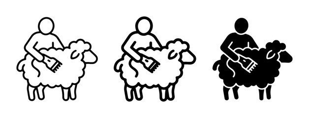 Shearing Sheep Icons, Farmer Grooming Wool, Livestock Care Vector Set, Agricultural Process Graphics © Mehnaz