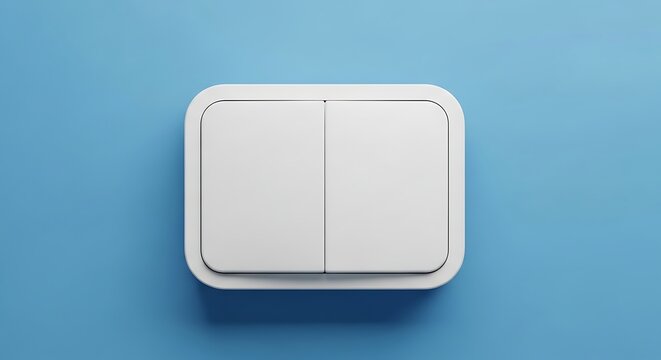 Modern white smart dual light switch on blue background home automation technology and electrical control hardware element