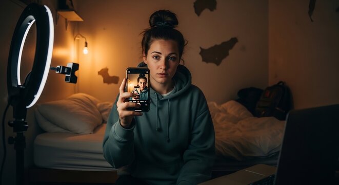 Young Woman Recording Smartphone Selfie Video with Ring Light in Dim Bedroom