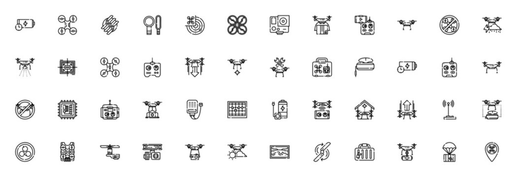 Drones icon set. Vector illustration. UAV icon pack. Minimal thin line icons. Featuring battery, drone, propeller, obstacle, radar, camera, remote control, no drone zone, target, briefcase, VR, CPU, m