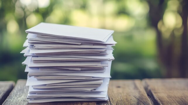 A large stack of white envelopes piled neatly on a rustic wooden table with a softly blurred green outdoor background.