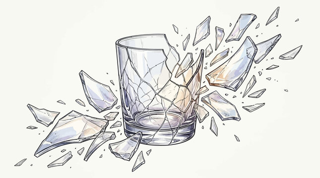 A shattered glass explodes into pieces on a table surface