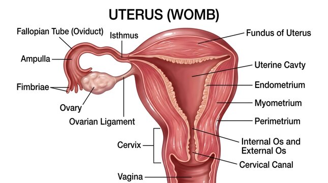 Uterus (Womb) Anatomy: Labeled Diagram of Fundus, Uterine Cavity, Endometrium, Myometrium, Perimetrium, Cervix with Internal and External Os, Cervical Canal, Vagina, Ovarian Ligament and Fallopian Tub