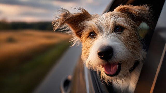 Joyful dog sticking head out of car window at sunset, wind blowing fur, happy travel pet portrait