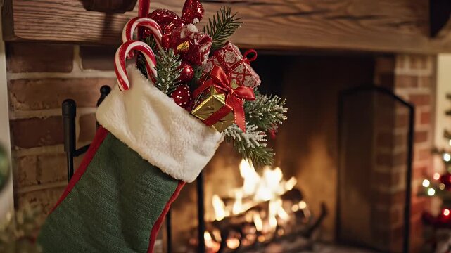 A festive Christmas stocking hangs by a warm fireplace, filled with colorful decorations and gifts. Candy canes, shiny ornaments, and a small wrapped present peek out, enhancing the holiday spirit.