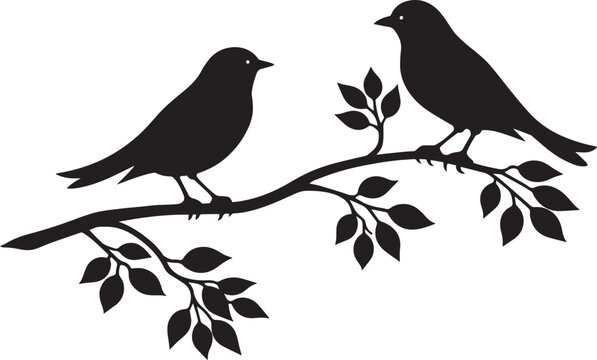 Black bird silhouette on tree branch, minimalist nature vector illustration, pair of songbirds perched on leafy twig, elegant garden wall art design