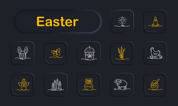 Easter set icon. Cross, candle, bunny egg, butterfly, decorated cake, branch, hen with chicks, angel, candles, greeting cake, sheep, painted egg symbols in outline neon style.