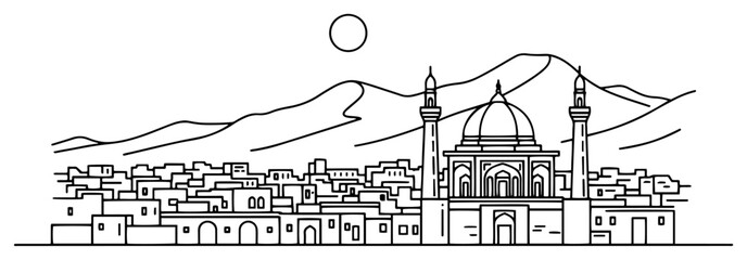 Middle Eastern city skyline with mosque and minarets in desert mountain landscape line art style © Logan
