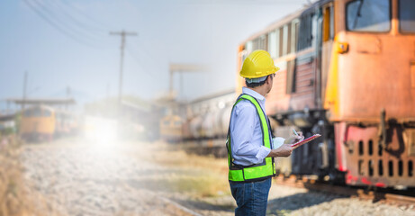 Railway engineer inspecting train locomotive at freight station, Professional worker man writing on clipboard during safety check, Inspector monitoring cargo train engine at industrial logistics yard © JU.STOCKER