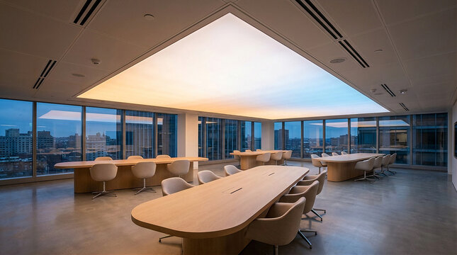 Modern Office Lounge with High-Tech Circadian Lighting Ceiling