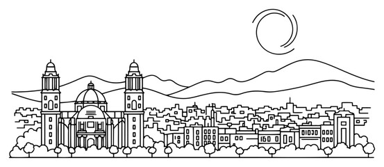 City skyline with large cathedral dome and mountain backdrop in minimalist line art style © Logan