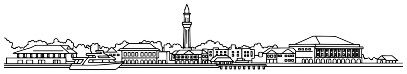 Obraz premium Waterfront historical city skyline with boat and tower in flat line art style