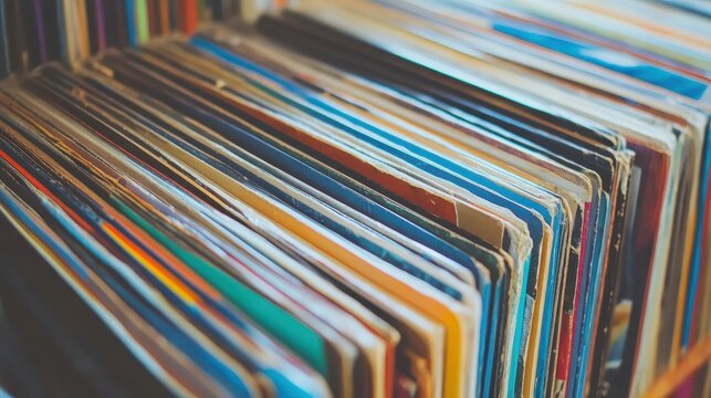 A close up view of a vintage record store shelf filled with colorful vinyl records and album covers
