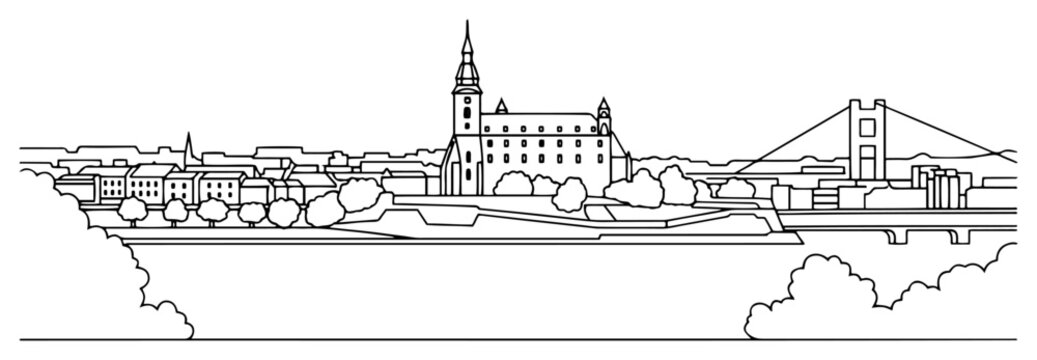 Bratislava city skyline with castle and bridge over river in minimalist line art style