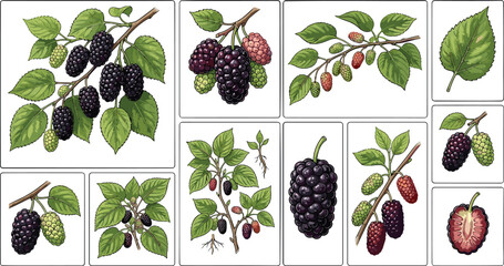 Fresh mulberry branch and berry fruit collection set with green leaves botanical vector illustration labels. © Jhuma Begum