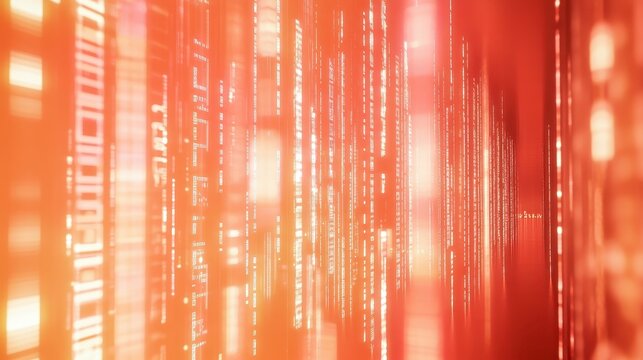 Abstract digital network streams of glowing code and data in a futuristic orange and red technological design