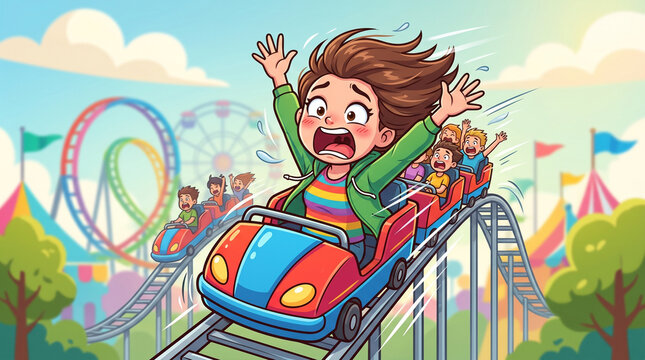 Excited Cartoon Woman Screaming While Riding Fast Roller Coaster At Amusement Park