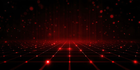 Obraz premium Glowing red digital particle background with red grid floor and dark abstract technology space