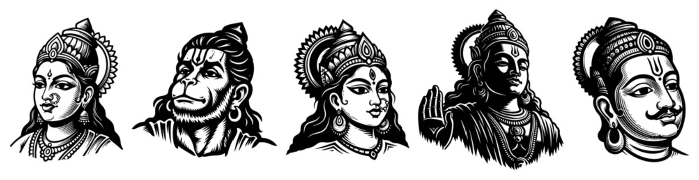 Hindu gods portraits set featuring Shiva Hanuman and Rama in detailed traditional art style