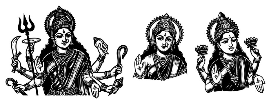 Hindu goddesses Durga and Lakshmi portraits with traditional cultural ornaments in detailed engraving style