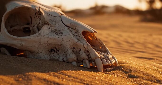 Weathered Animal Skull Buried in Desert Sand During Golden Hour Sunset