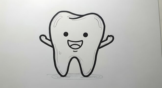 Cute cartoon elephant with big ears and tusks smiling.